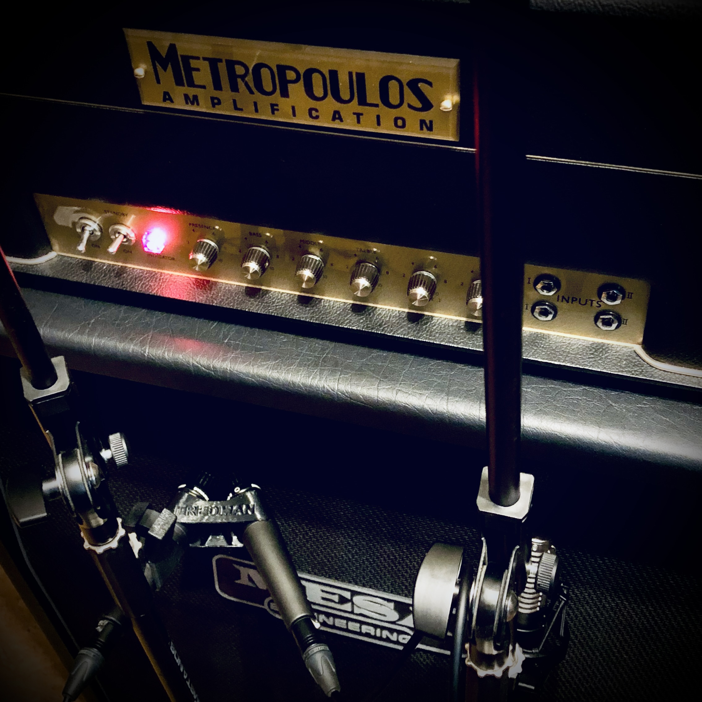 Metropoulos 1968 Plexi in a Mesa Boogie Rectifier Cab 2x12 closed-back with Celestion Vintage 30s miced with two Shure SM57s and a Royer 121